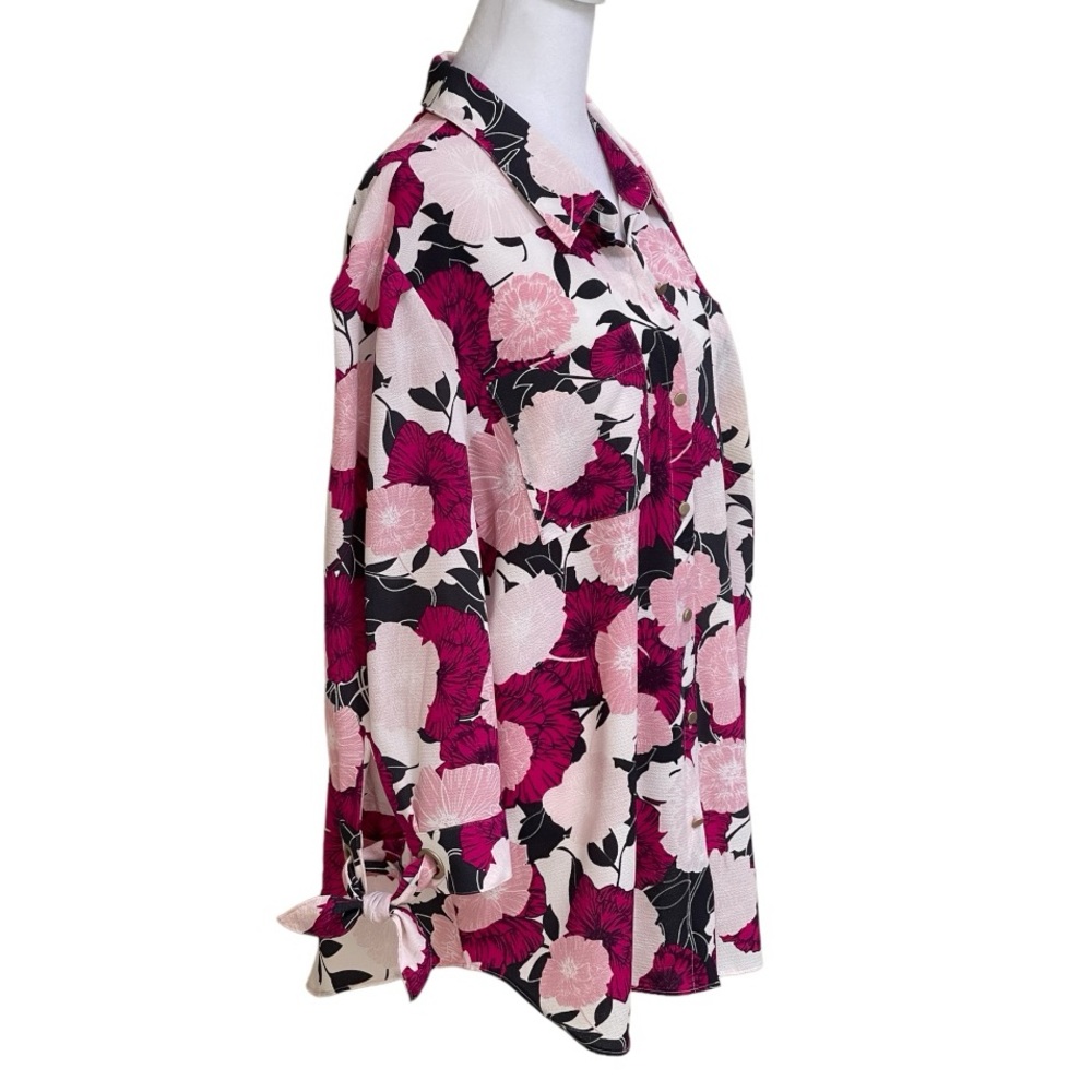 Jones New York Pink Hot Pink Black Floral Button Front Blouse Sz XL Pockets - Picture 6 of 16